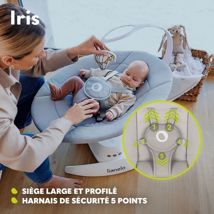 Balancelle electrique 360° LIONELO Iris -Léger - Transat - 12 mélodies - 3 modes - 5 vitesse - Jusqu’à 9 kg - Gris