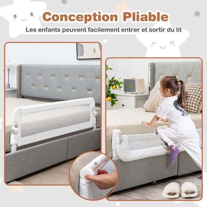 COSTWAY Foldable Baby/Child Bed Rail 120x42CM with Drop-Down Bar, Soft Foam, Pre-Drilled Holes, White Oxford Fabric