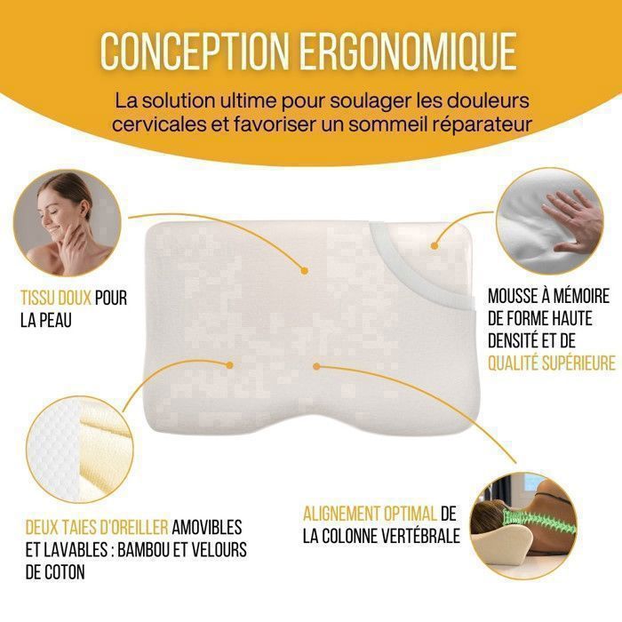 Oreiller Cervical de Luxe Inphysio Oreiller Mémoire de Forme, Ergonomique, Hypoallergénique, 2 Taies d'Oreiller, 60 x 35 x 12-7cm