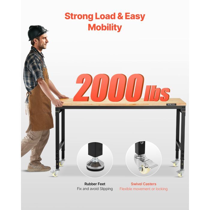 Banco de trabajo VEVOR de 1524 mm, mesa de trabajo para taller/garaje con ruedas y altura ajustable - Capacidad de carga de 907,2 kg - para oficina