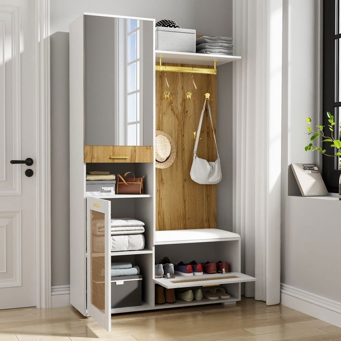 Móvel para hall de entrada com iluminação LED - TKOPY - Cabideiro para hall de entrada com espelho e espaço para armazenamento - Conjunto de cabideiro 110x38x190cm - Branco