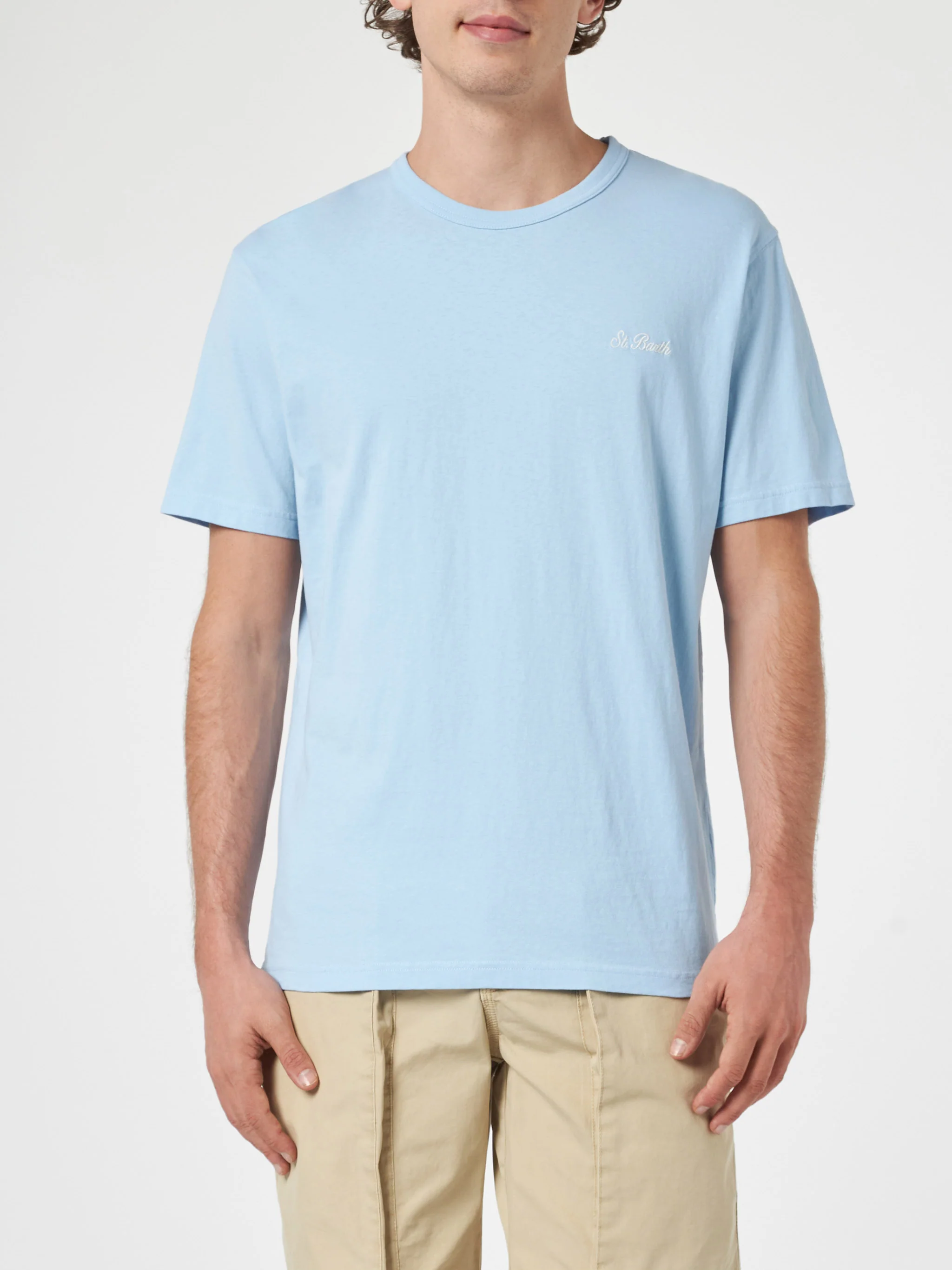 Camiseta de hombre Dover de punto de algodón azul claro con bordado de San Bartolomé