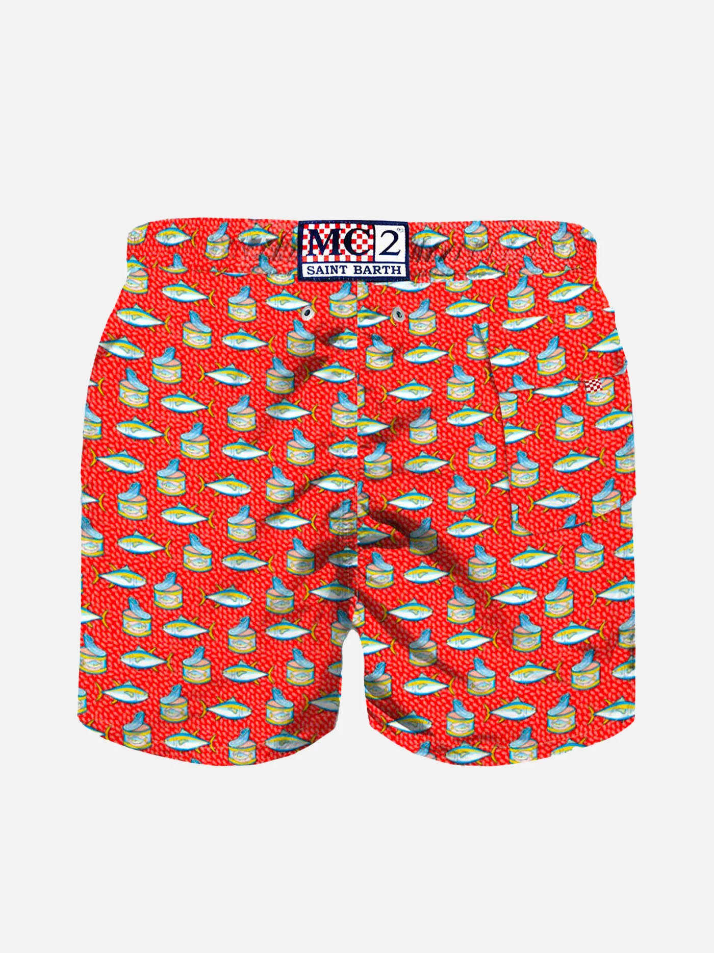 Maiô vermelho claro para meninos com estampa de micro lata de atum