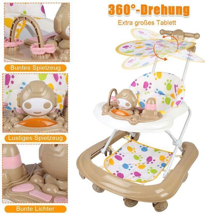 Girello musicale 3 in 1 XUANYU - Portata massima 20 kg - Altezza regolabile - Antiribaltamento - Per bambini dai 6 ai 20 mesi - Marrone