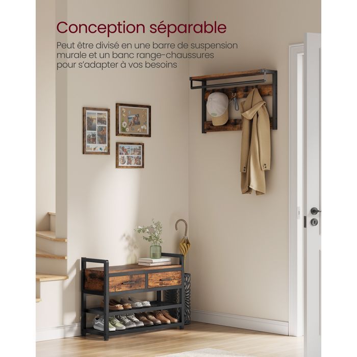 Entryway Cabinet with 10 Removable Hooks, 2 Drawers, Separable Design, 30 x 80.4 x 181.6 cm, Rustic Brown and Ink Black