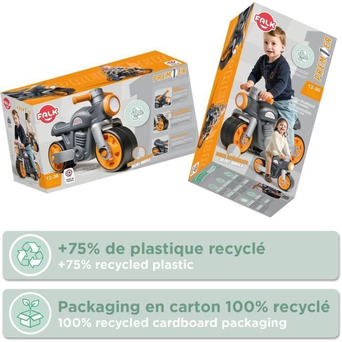 Draisienne Moto Premier - FALK - Avec roues silencieuses - Gris - 75% Plastique Recyclé - 100% Fabriqué en France - Dès 12 mois