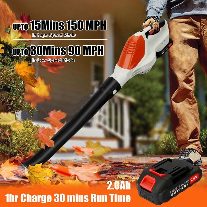 24V draadloze bladblazer - Fianao - 5 instelbare snelheden - 240 km/u - 1500 mAh - 82x20x16 cm - Wit