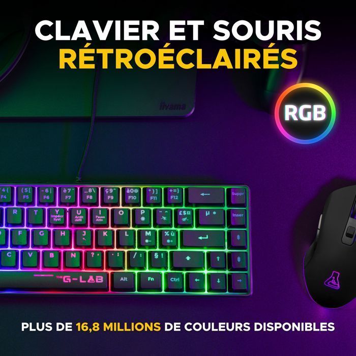 Conjunto de teclado e mouse para jogos com fio - THE G-LAB - Hydrogen BKG Combo - Teclado AZERTY - Preto