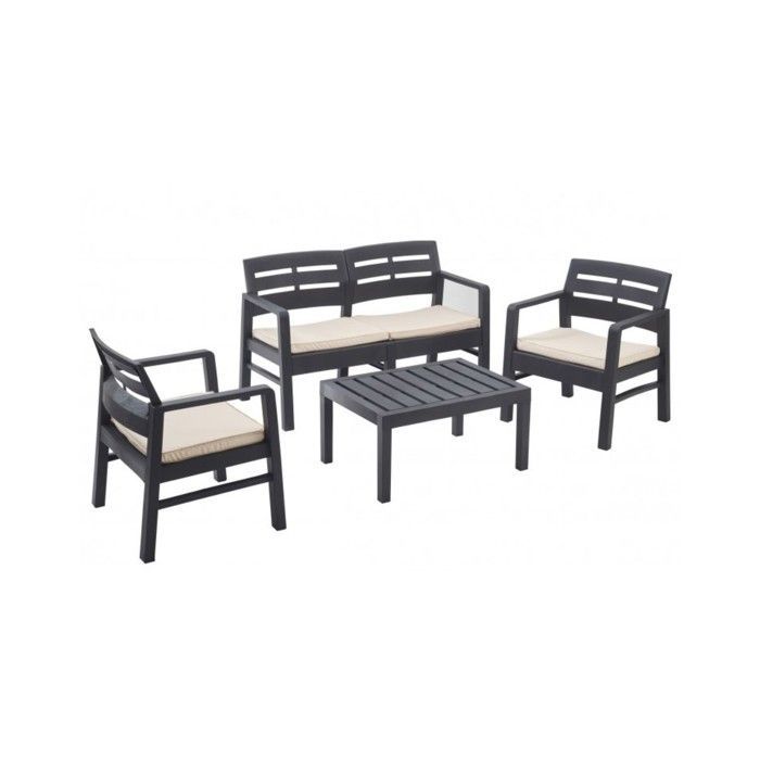 Conjunto de muebles de jardín de 4 piezas en color antracita: sofá de 2 plazas + 2 sillones + mesa de centro + 3 cojines color crudo KZ GARDEN
