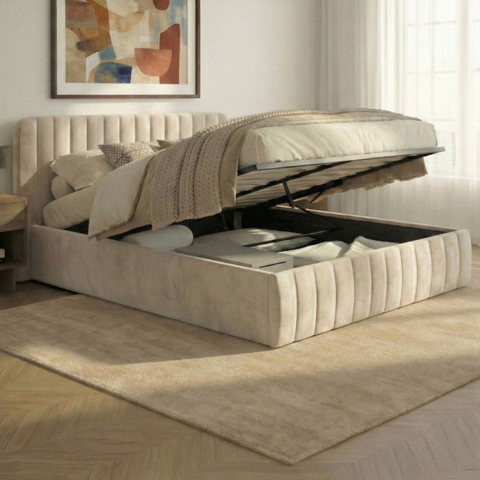 Cama doble con almacenamiento IDMARKET ALBA con cabecero y somier de láminas, 160 x 200 cm, terciopelo beige.