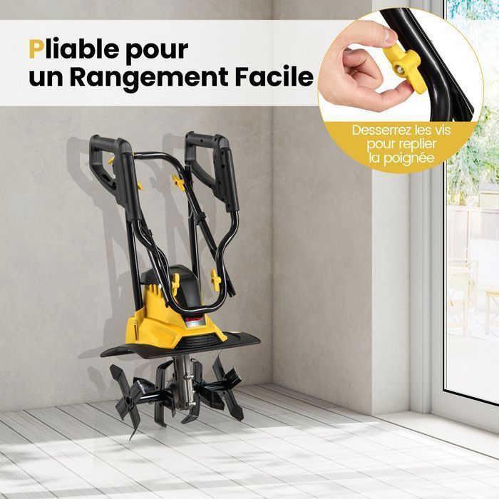 Motocultor/cultivador COSTWAY de 1200 W - Ancho 32 cm, Profundidad 22 cm - Interruptor de seguridad - Cubierta - 4 cuchillas - Mango plegable - Amarillo