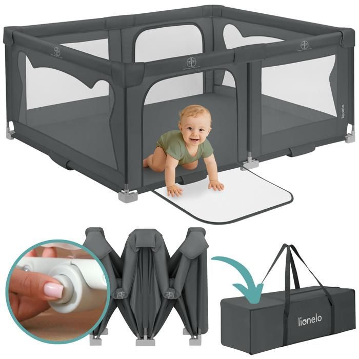 Parque infantil de 180x150 cm - LIONELO Florence - Montaje muy rápido - Espacio extragrande - Para interior/exterior - Bolsa incluida - Gris