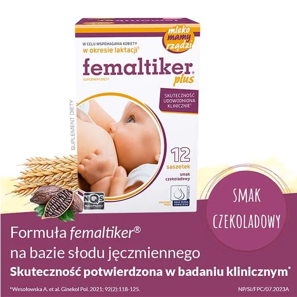 Femaltiker Plus, Suplement diety wspomagający laktację, Saszetki o smaku czekoladowym