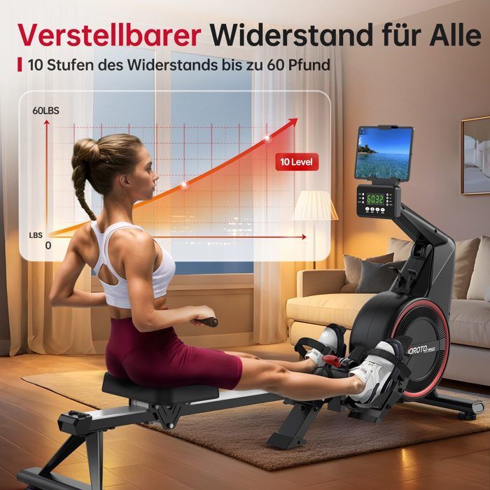 Vogatore pieghevole - JOROTO - MR55 - Aeromagnetico, 10 livelli di resistenza - Schermo LED, Bluetooth - Pieghevole (0,75 m², 150 kg)