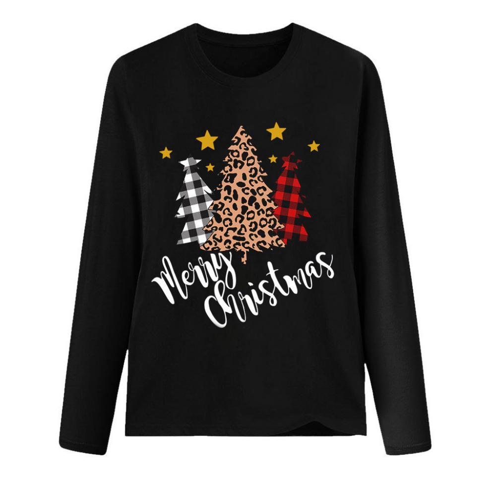 Camisa negra de talla grande para mujer, estampado navideño, cuello redondo, manga larga, blusa informal, top para mujer, blusa femenina, moda mujer 2020
