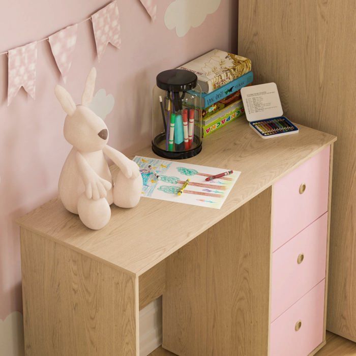 Neptune Rose & Oak 3-Drawer Desk, Computer Table / Dressing Table for PC/Laptop, Home Study Desk, Children's Furniture