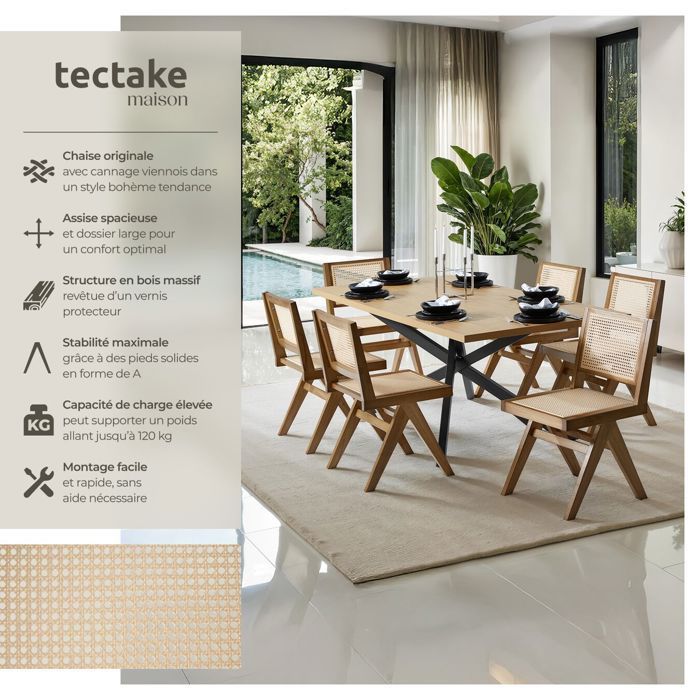 Silla de madera - TECTAKE - Sillón LISSY con asiento de caña vienesa, diseño boho, 48,5 x 53,5 x 83 cm - Roble claro
