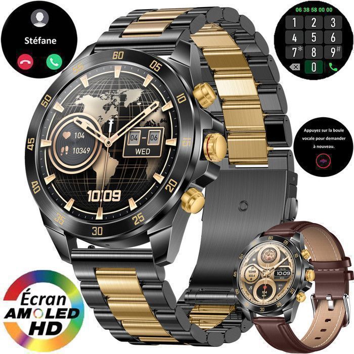Smartwatch da uomo XtraDiTech, bracciale in acciaio inossidabile di lusso con contrasto nero e oro, display AMOLED da 1,43