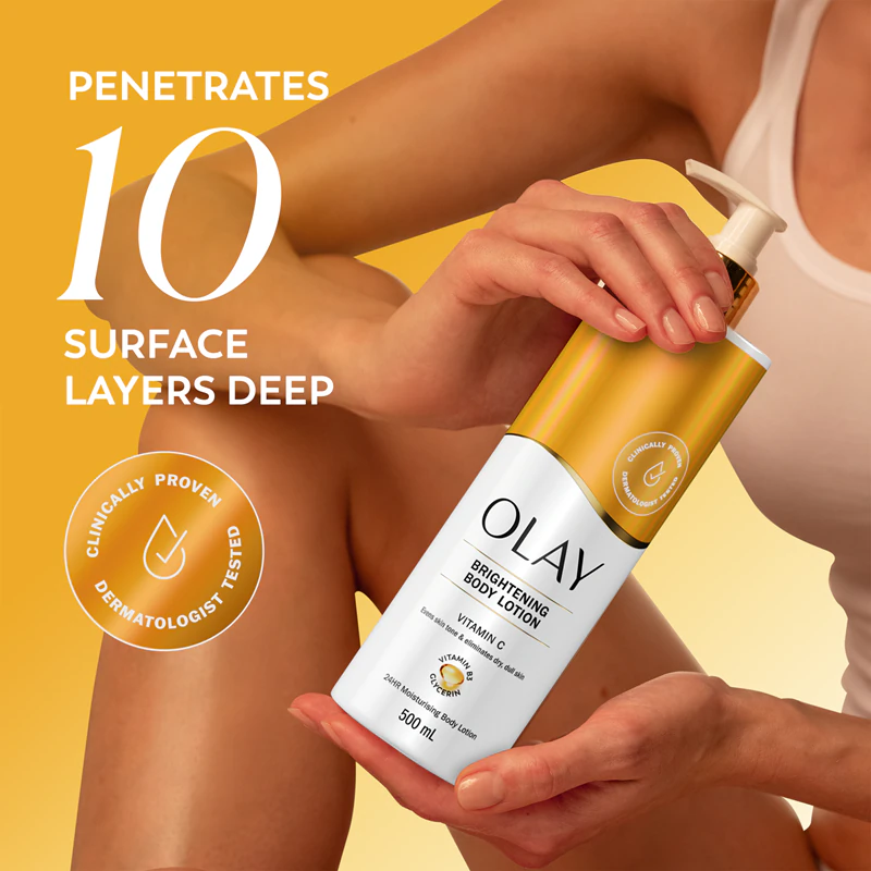 Loção Corporal Iluminadora com Vitamina C da Olay: leite hidratante corporal com propriedades revitalizantes.