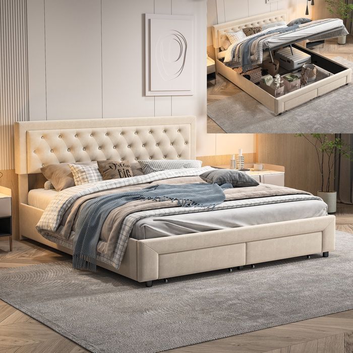 Cama con almacenamiento - BLANKETSWARM - 180x200 - Terciopelo beige - 2 cajones - Estilo escandinavo moderno