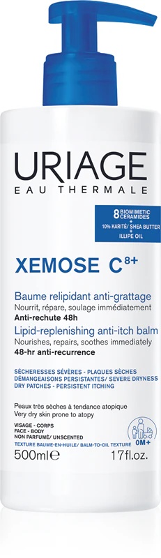 Uriage Xemose C8+ lipidus papildantis balzamas nuo niežulio, raminantis sausai ir atopinei odai.