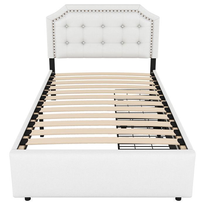 Cama individual de 90x200 cm para adultos con 2 cajones, cama de noche tapizada con remaches decorativos - SWEIKO - Beige claro