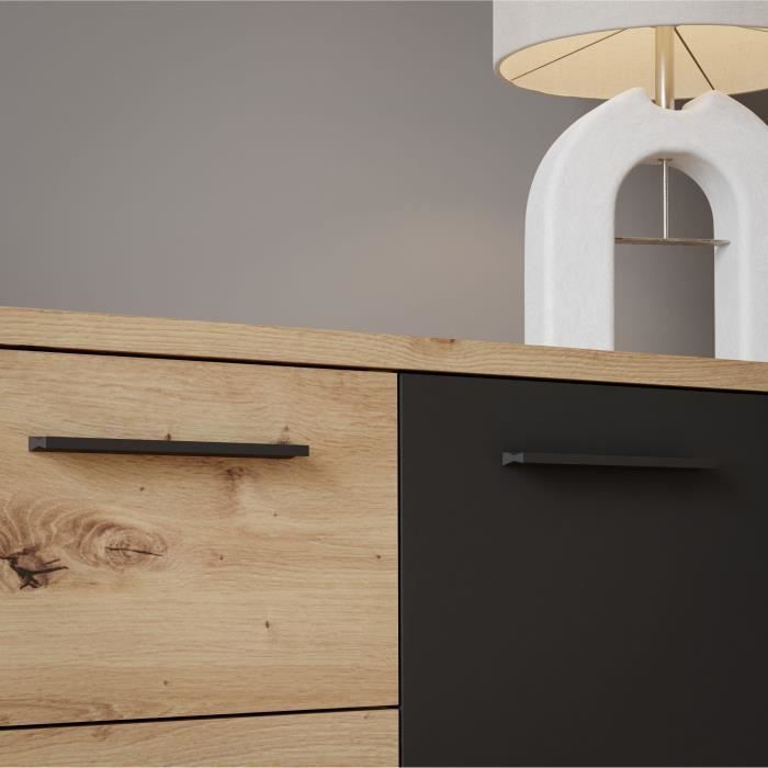 Buffet PILVI - Style contemporain - Particules mélaminé -Décor Chêne artisan et Noir- 4 portes + 3 tiroirs - L179,2 x P42 x H74,5