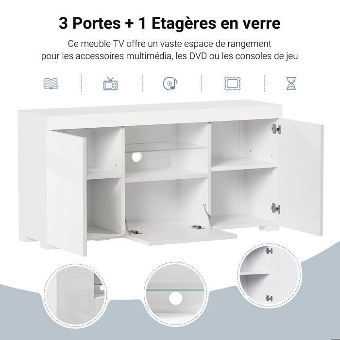 Mueble para TV Dripex blanco brillante con iluminación LED, armario de almacenamiento, aparador para sala de estar, mueble de almacenamiento moderno, 135 cm