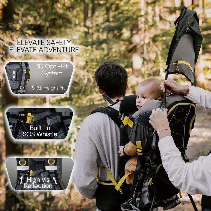 Portabebés DRAMADER para senderismo - Cómodo hasta 22 kg - Mochila con bolsillo isotérmico, funda para el sol y la lluvia - Negro y amarillo