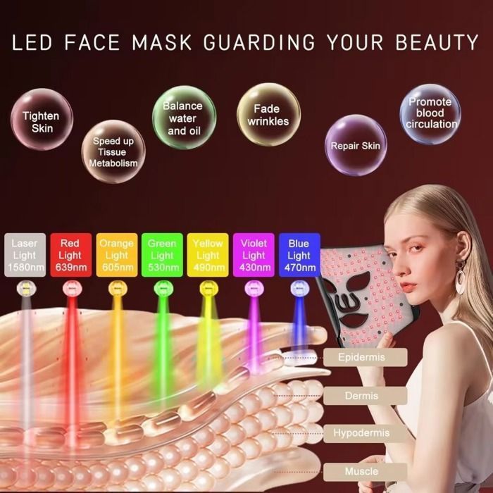 Masque facial LED 7 couleurs – Soin visage anti-âge, acné, rides – 95 perles lumineuses – Silicone – Rechargeable USB – IPX7