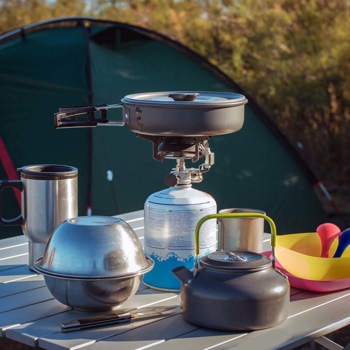 Toboli 12-Piece Camping Cookware Set, Steel/Aluminum, Outdoor Cooking Equipment with Stove, Saucepan, Frying Pan, Kettle