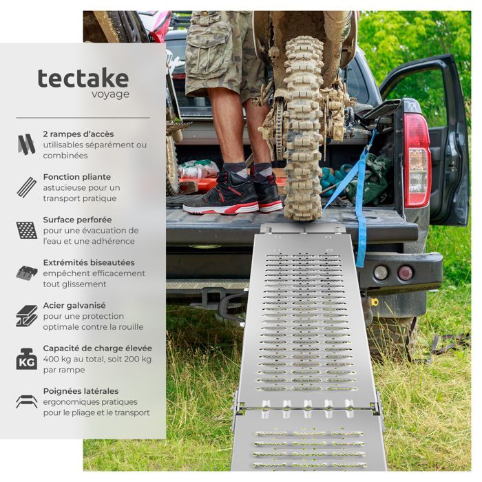 Rampa de carga - TECTAKE - Juego de 2 rampas de acceso plegables BJÖRN con asas y capacidad de carga de 400 kg - 166 cm