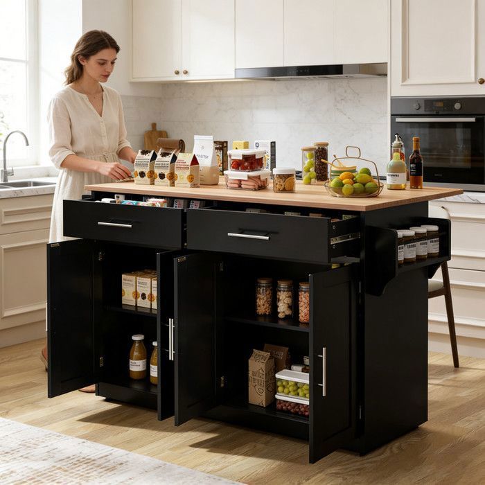 Desserte de Cuisine Mobile - Îlot avec Plateau Rabattable - Buffet de Rangement - 4 Roulettes - 2 Grands Tiroirs