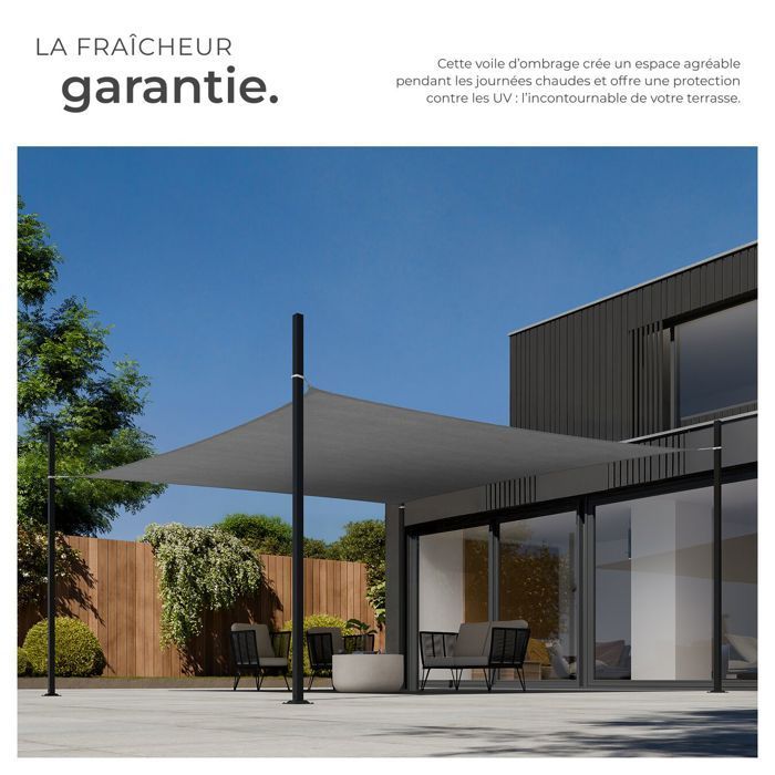 Voile d'ombrage - TECTAKE - Protection solaire SUNNY extérieur en HDPE indéchirable avec protection UV imperméable 4x6m - Gris