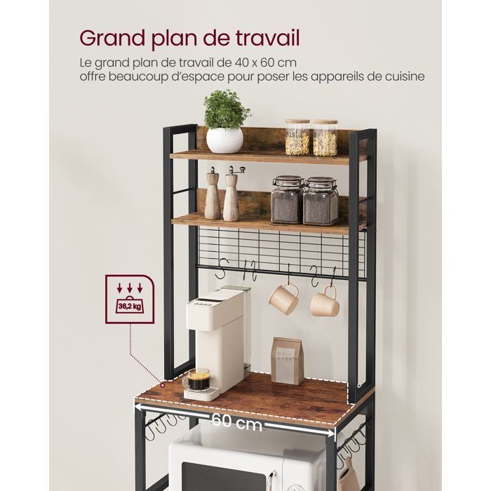 Carrito de cocina con regleta, 40 x 60 x 170 cm, marrón rústico y negro.