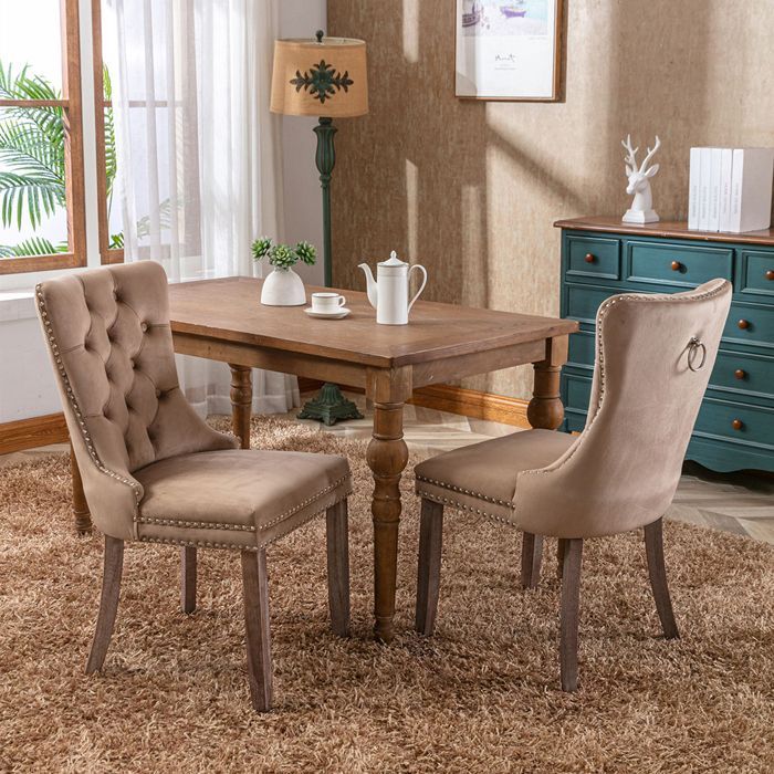 Lot de 2 Chaises de Salle à Manger, Chaise de Cuisine, Dossier à Ailes, Pieds en bois massif, Rembourrée, Kaki velours
