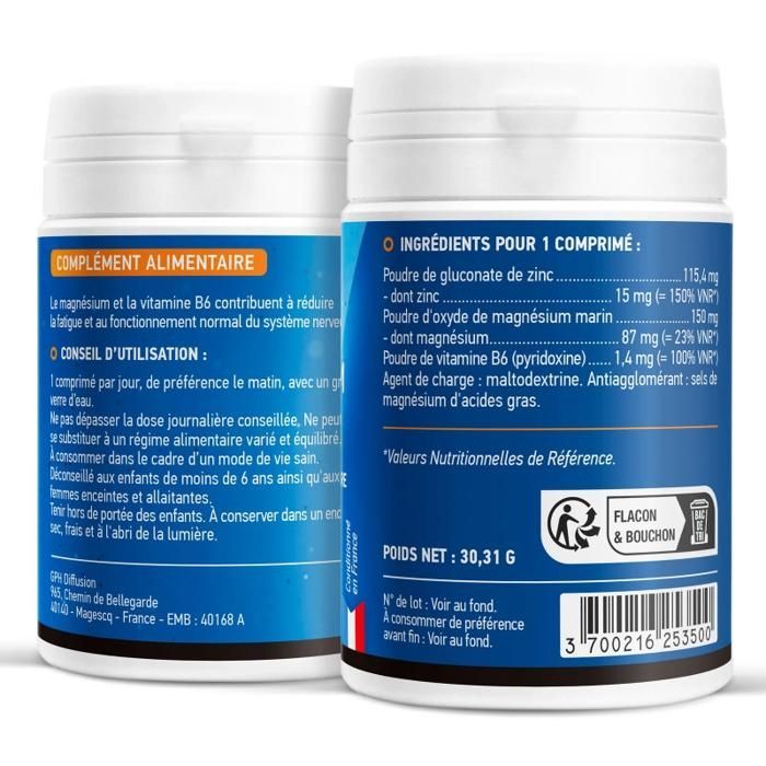 Magnésium + Zinc + B6 - Complément alimentaire - 60 Comprimés