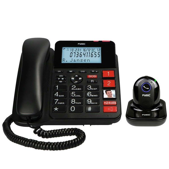 Fysic FX3960 - Téléphone filaire avec répondeur et émetteur d'alarme SOS sans fil, noir
