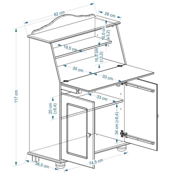 Bureau secrétaire DAVID avec abattant rangement plusieurs étagères 2 portes plan de travail rabattable, en pin massif taupe et