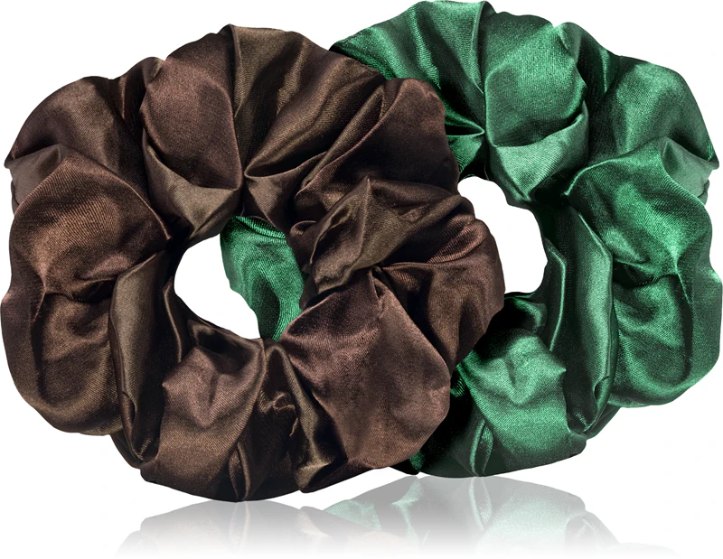 Conjunto de scrunchies grandes de cetim BrushArt Hair nas cores marrom e verde.