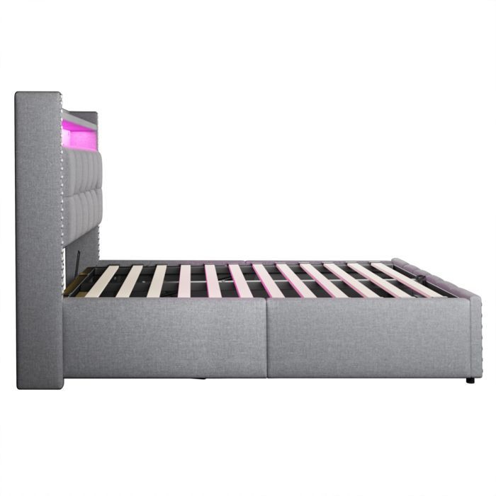 Cama con almacenamiento de 160 x 200 cm, cama de 160 x 200 cm con somier de láminas, cama doble tapizada, cama para 2 personas con somier de láminas de madera, ropa de cama gris claro