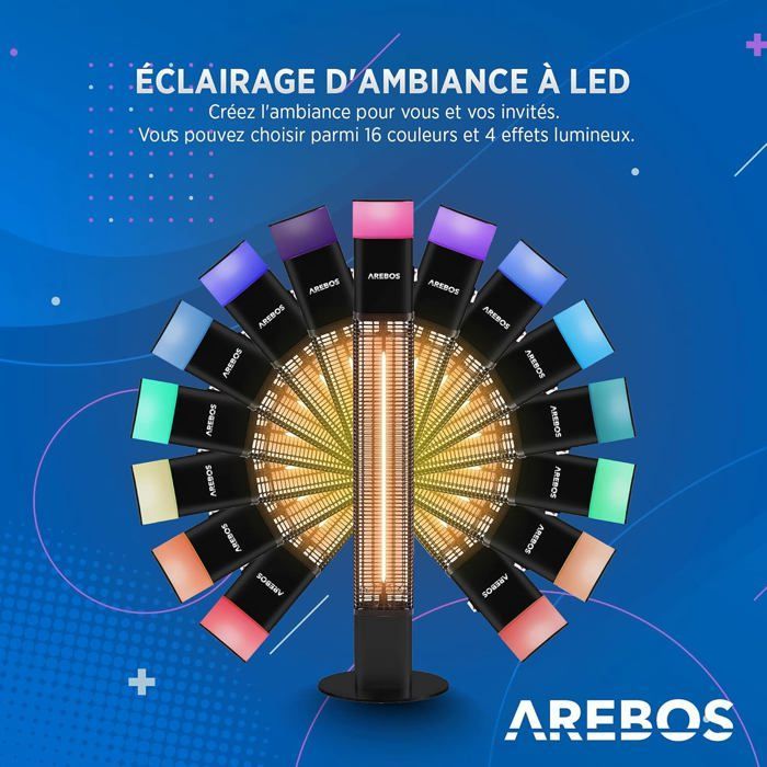 AREBOS Radiateur infrarouge | Chauffage radiant électrique | 1500W | LED 16 couleurs | intérieur et extérieur | Noir