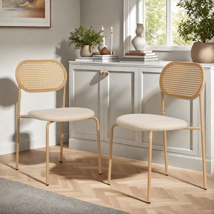 Set of 2 Wooden Dining Chairs, Metal Legs, Kitchen Chairs with Rattan Backrest, Ergonomic, for Living Room