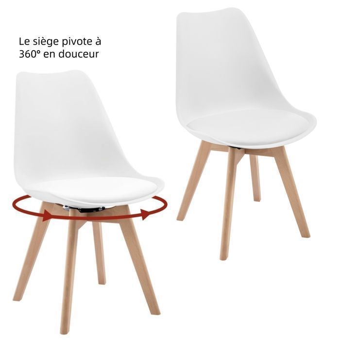 WOLTU Chaise Pivotante Lot de 2 - Chaise Salle à Manger Scandinave - Siège Rembourré en PU - Pieds en Bois Massif - Blanc