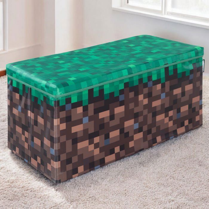 Coffre à Jouet Pliant 2en1 - ROBA - Minecraft – Bloc d'Herbe – 60 x 30 x 30 cm – Rangement et Siège pour Enfants