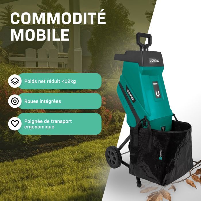 Trituradora de jardín de 2500 W – Para ramas de hasta Ø45 mm – Incluye contenedor de recogida de 45 L y empujador.