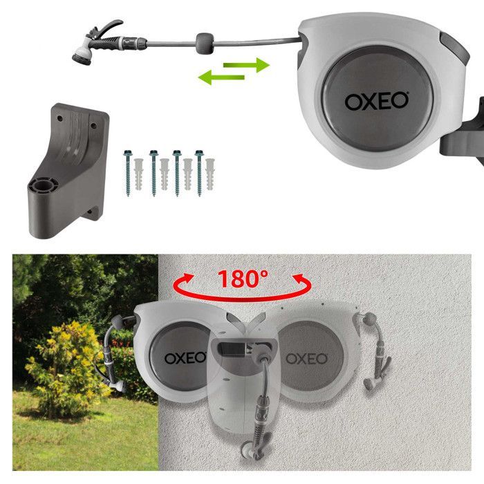 Enrollador de manguera automático de pared de 35 m - Rebobinado automático de manguera de jardín - Giro de 180° - Pistola de riego, conector de manguera y soporte