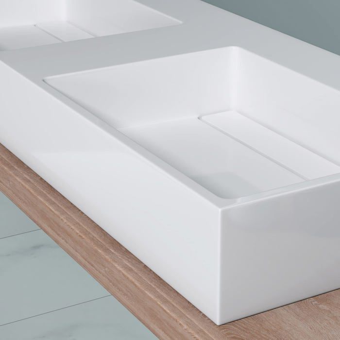 doporro Double lavabo suspendu blanc 160cm double vasque à poser lave mains rectangulaire de qualité pour salle de bain Colossum12