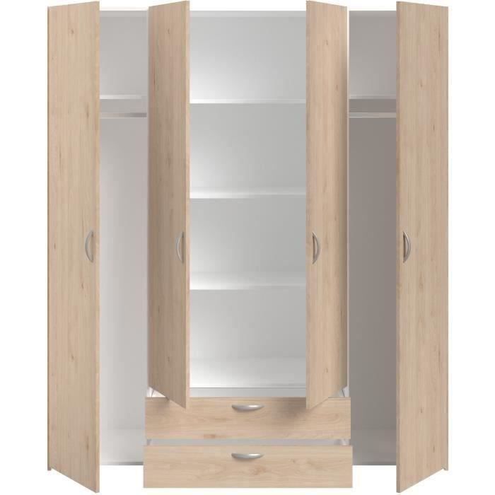 Armoire chambre VARIA - Décor chêne - 4 portes  battantes + 2 tiroirs - L 159,9 cm x P 51,3 cm x H 185 cm