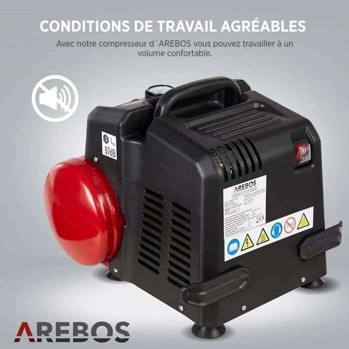 Compressore d'aria AREBOS - Modello con kit da 13 pezzi - Senza olio - Spegnimento automatico - 6 L